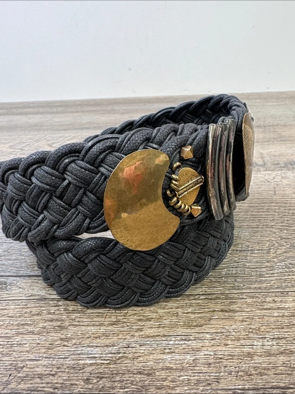 Marjorie Baer Braided Embellished Statement Belt Black Gold 39”
